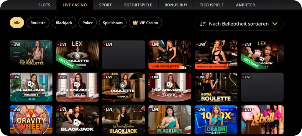 Lex Casino Spiele-Lobby mit Live-Dealern und Slot-Spielen