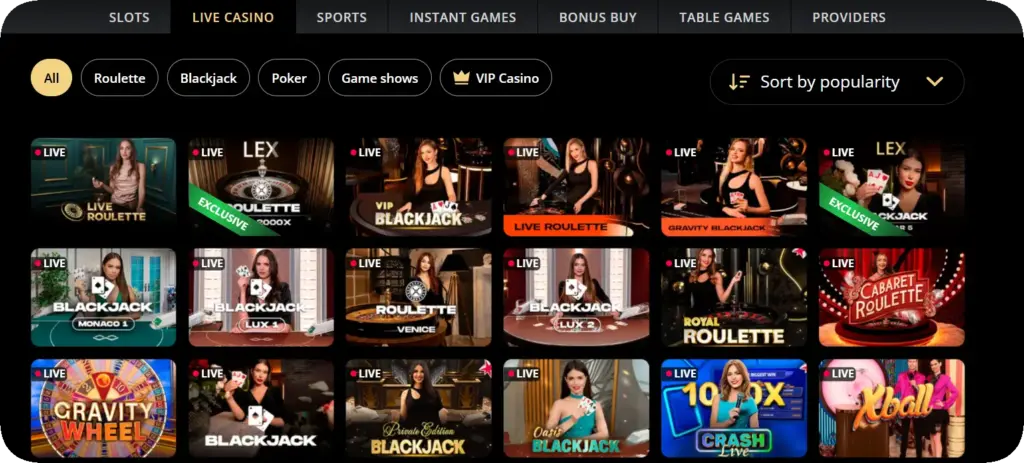 Lex Casino game lobby featuring live dealer and slot games