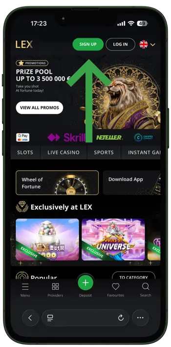 Go to the official Lex Casino homepage.