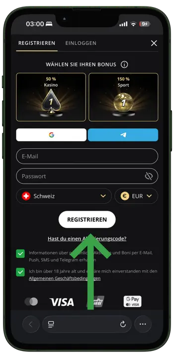 Registrierungsbutton bei Lex Casino